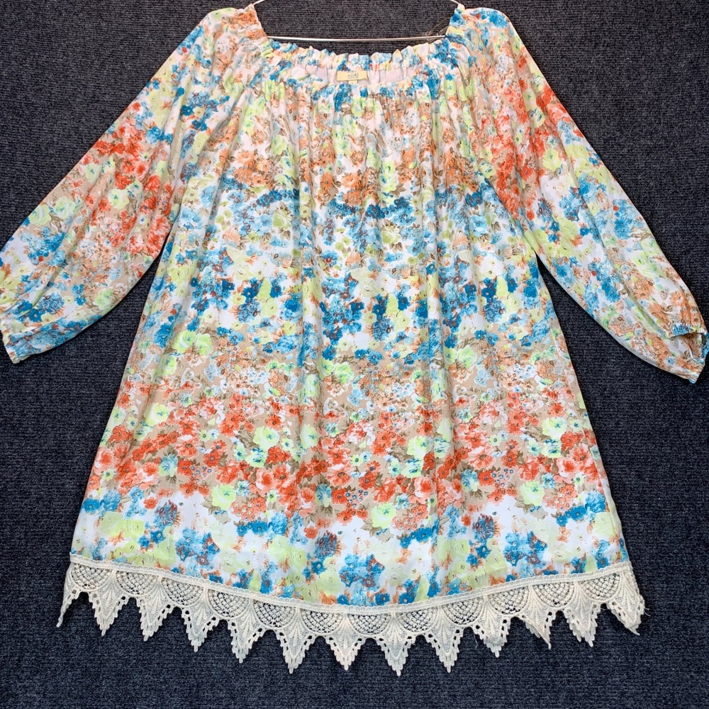 Kori Floral Lace Tunic Dress L Boho Cottage Watercolor Coastal Romantic Crochet
